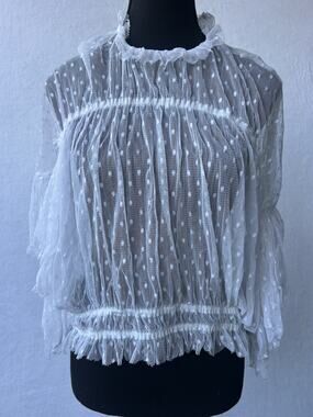 Cien White Sheer Mesh Polka Dot Ruffle High Neck Button Long Sleeve Blouse L